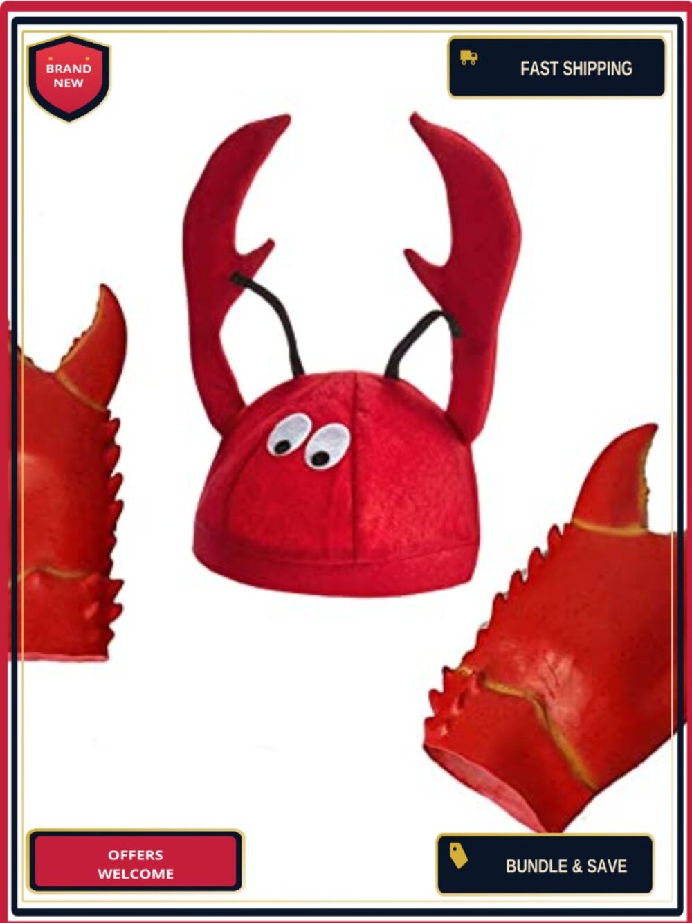 Funny Felt Party Hat with Antenna & Latex Crab Claws Glove Set One Size
